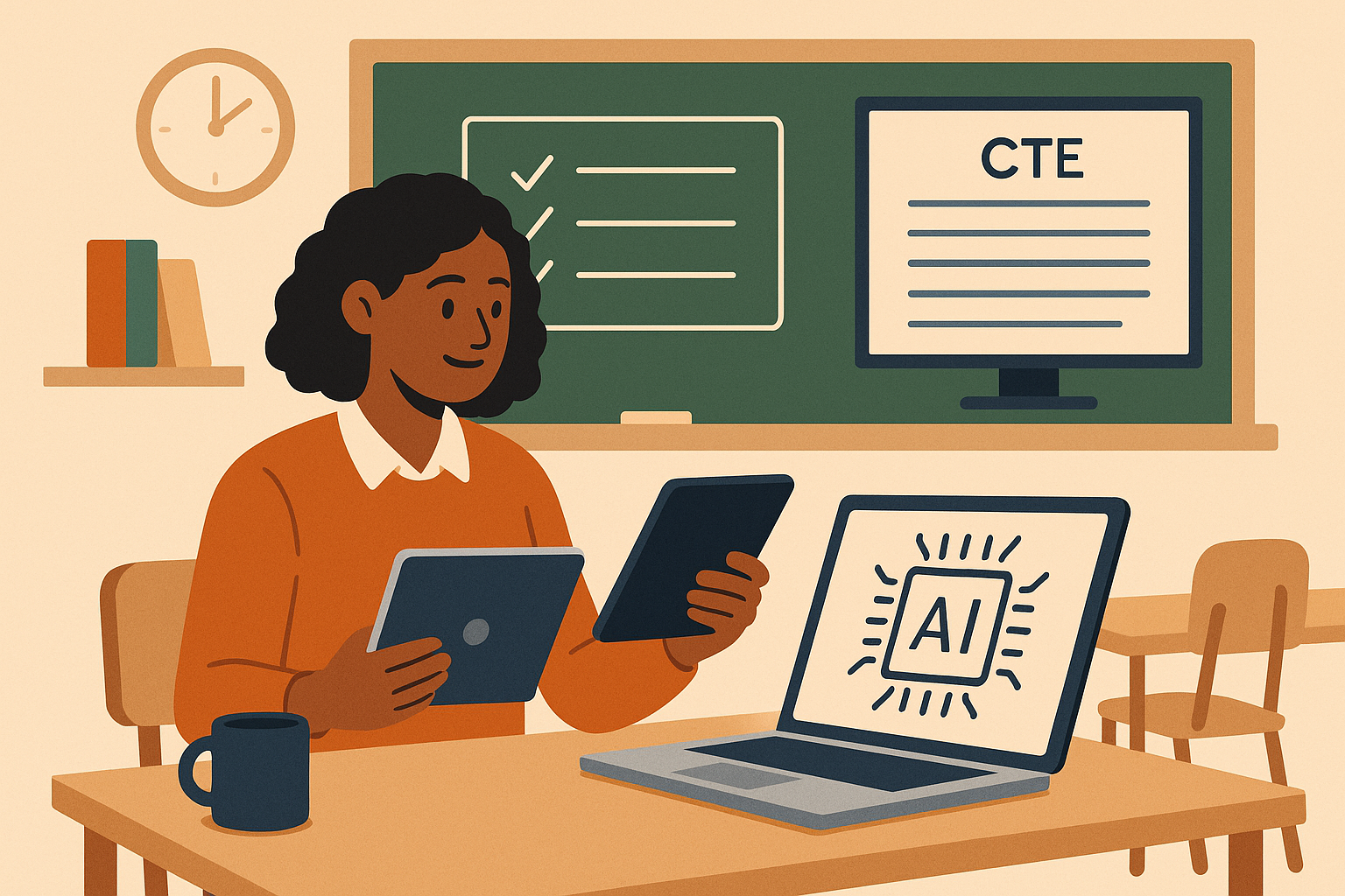 classroom with computer and papers