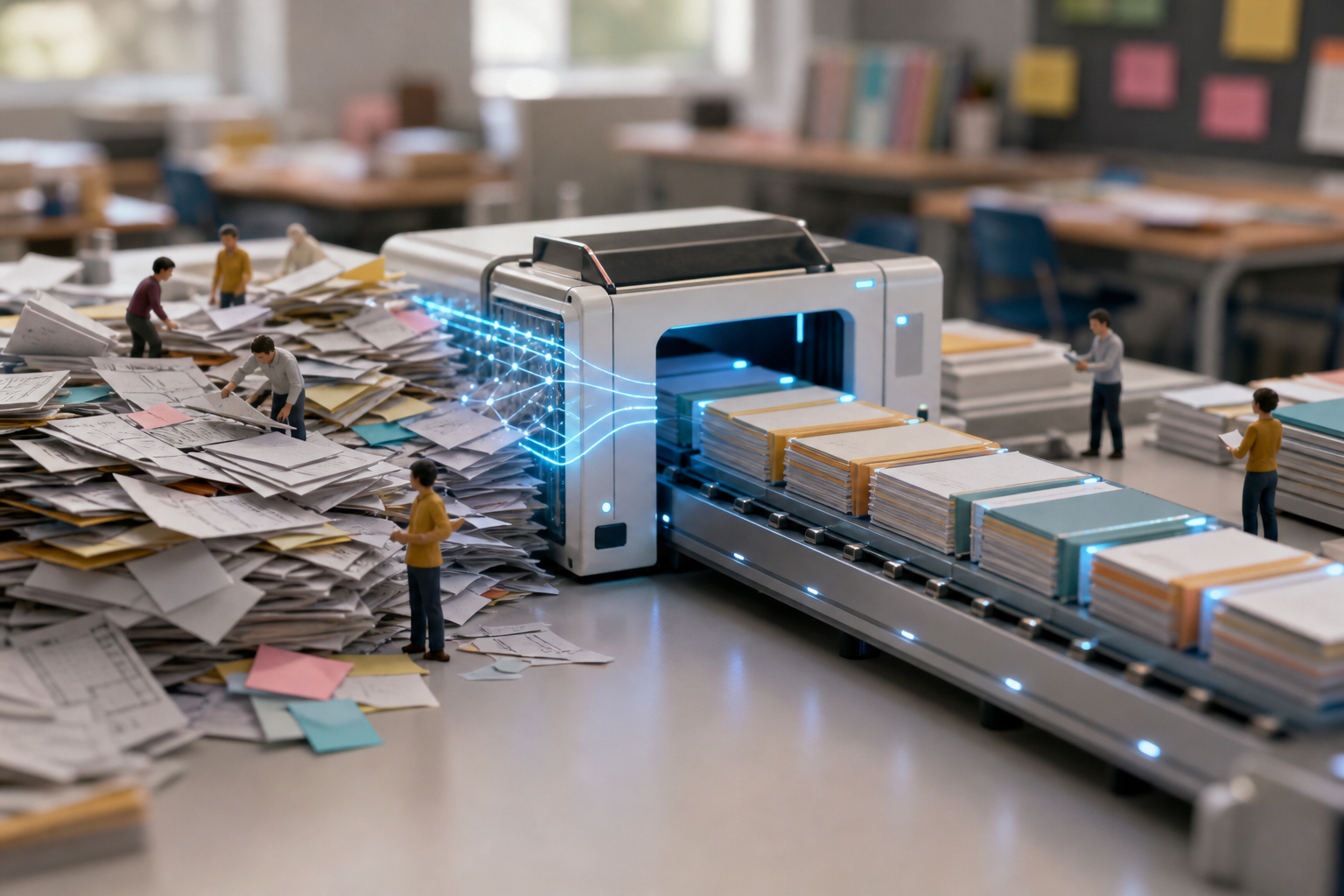 desks with papers sorted by robotic hands