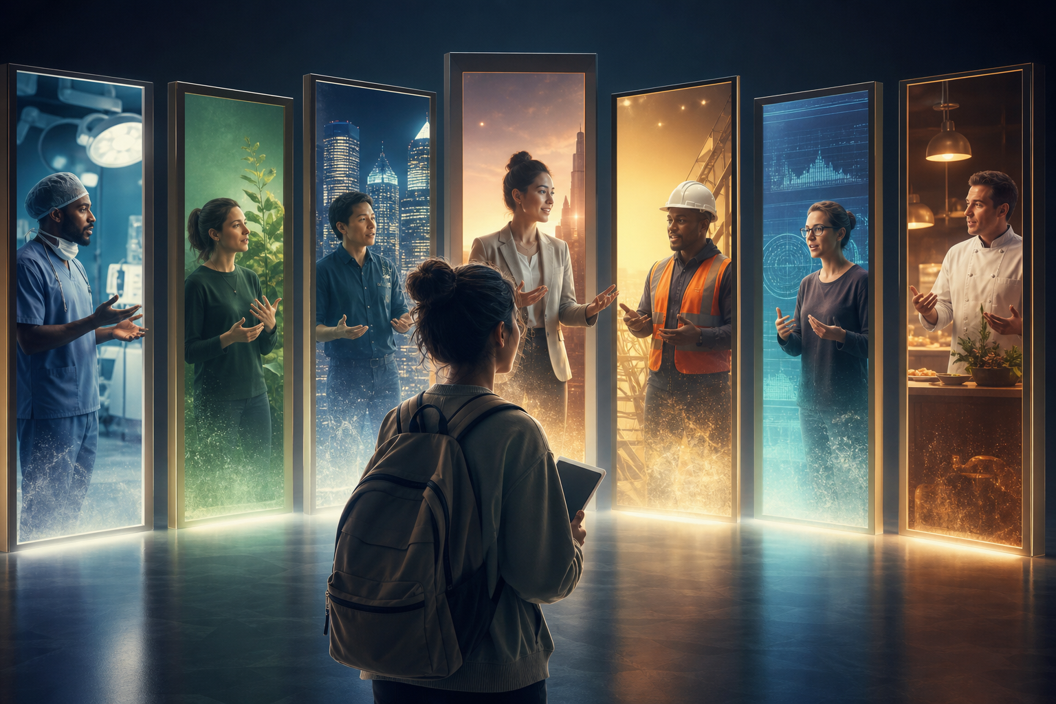 person talking to a hologram of a professional
