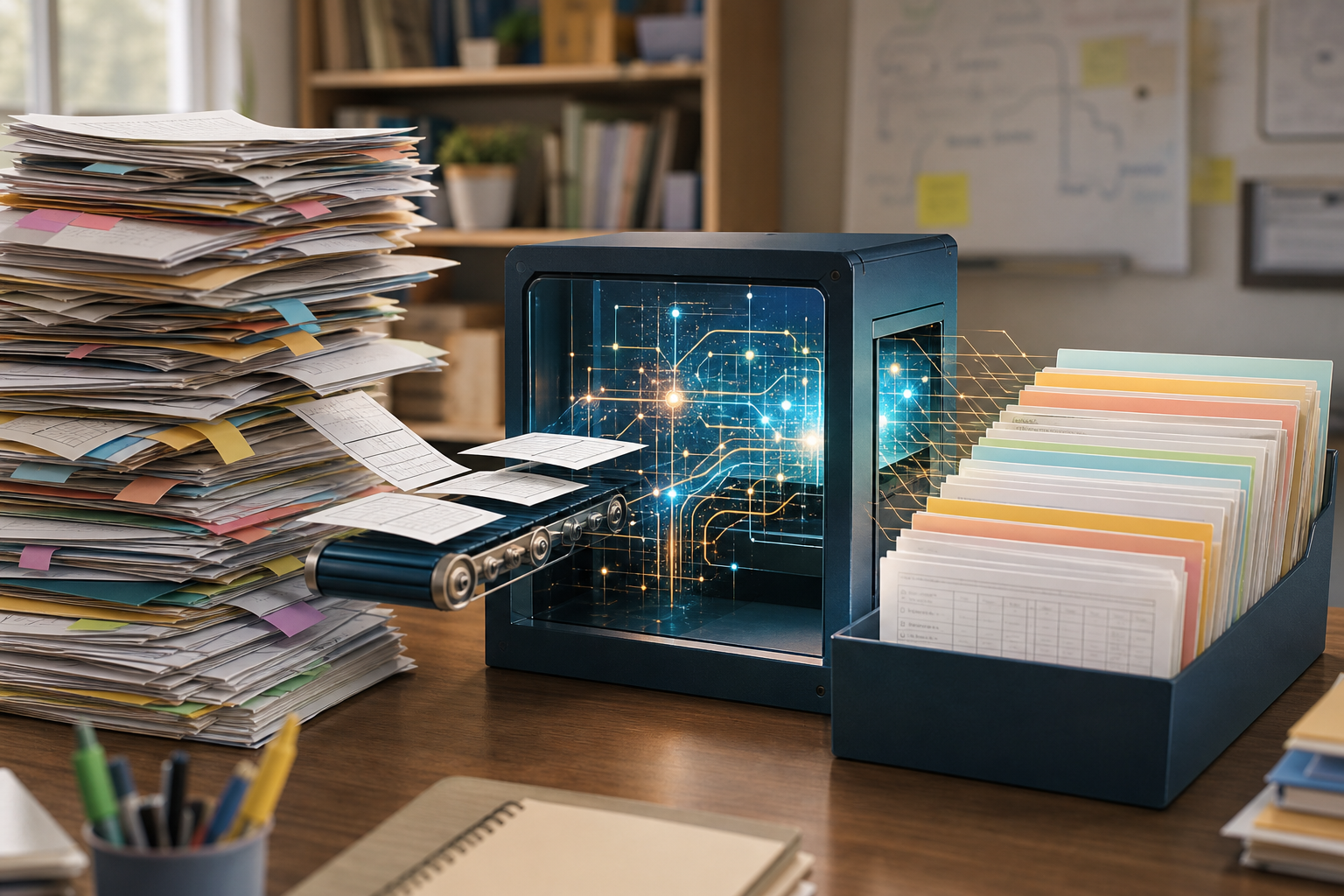 a desk with papers and documents organized