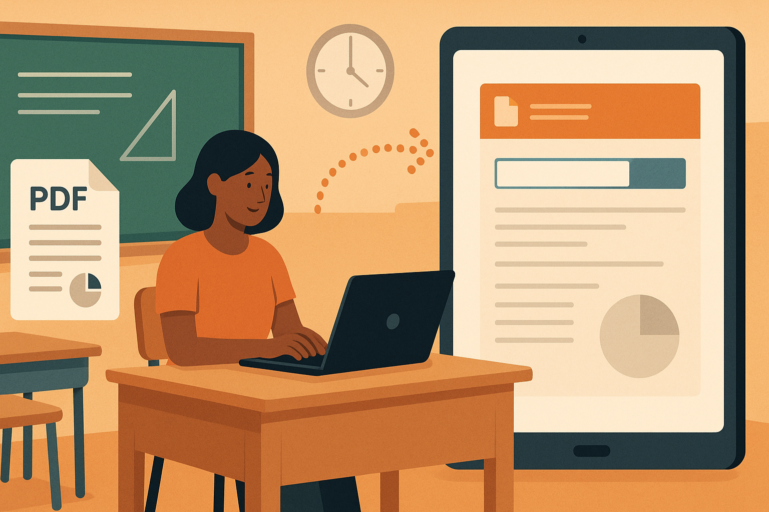 classroom with laptop and papers