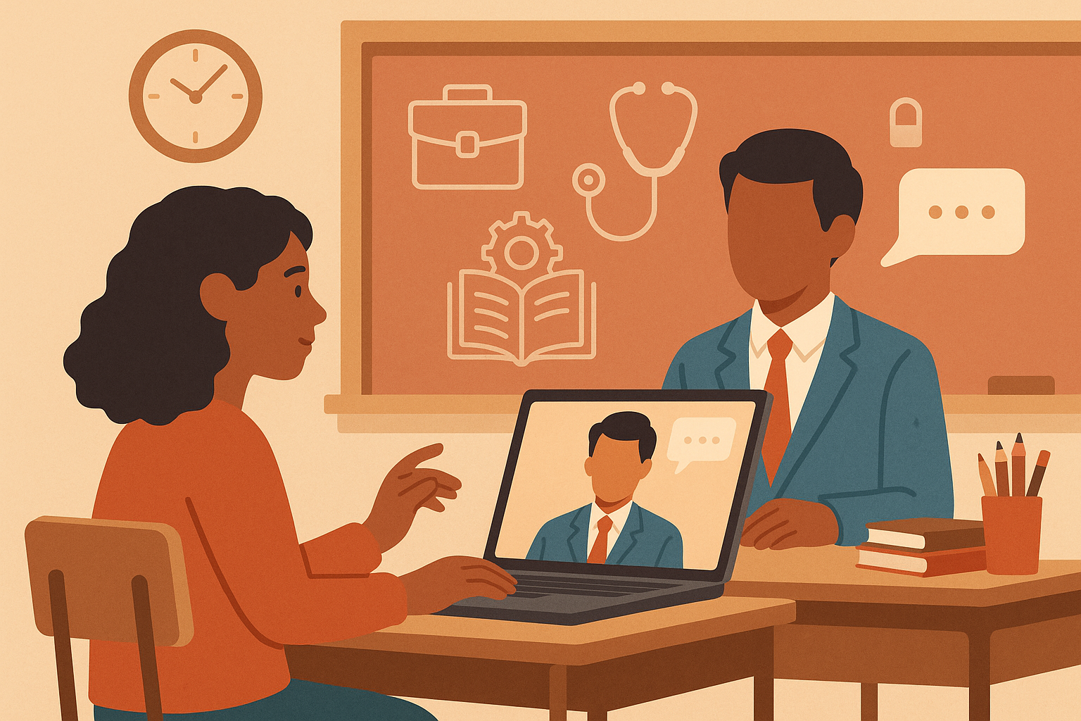classroom with students and a robot speaking at a podium